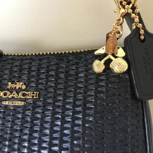 COACH CH215 Straw+Leather Mix Nolita 15 Navy Wristlet & Coach Gold Cherry Charm - Picture 3 of 9